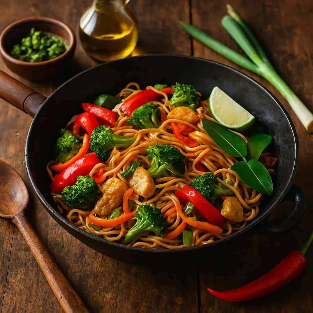 Thaise wok met noedels en limoenblad