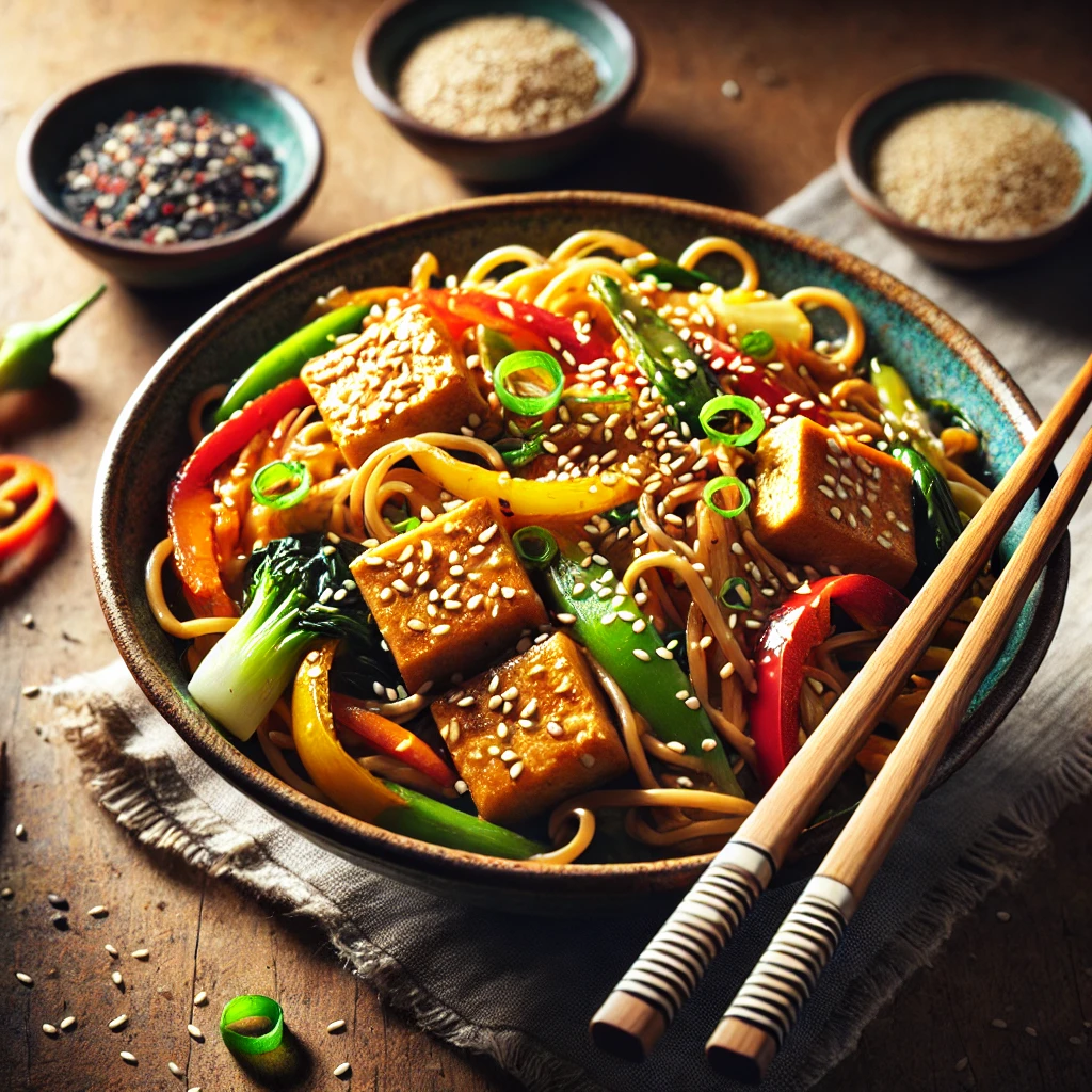 Tofu roerbak met volkoren noedels en sesamzaad