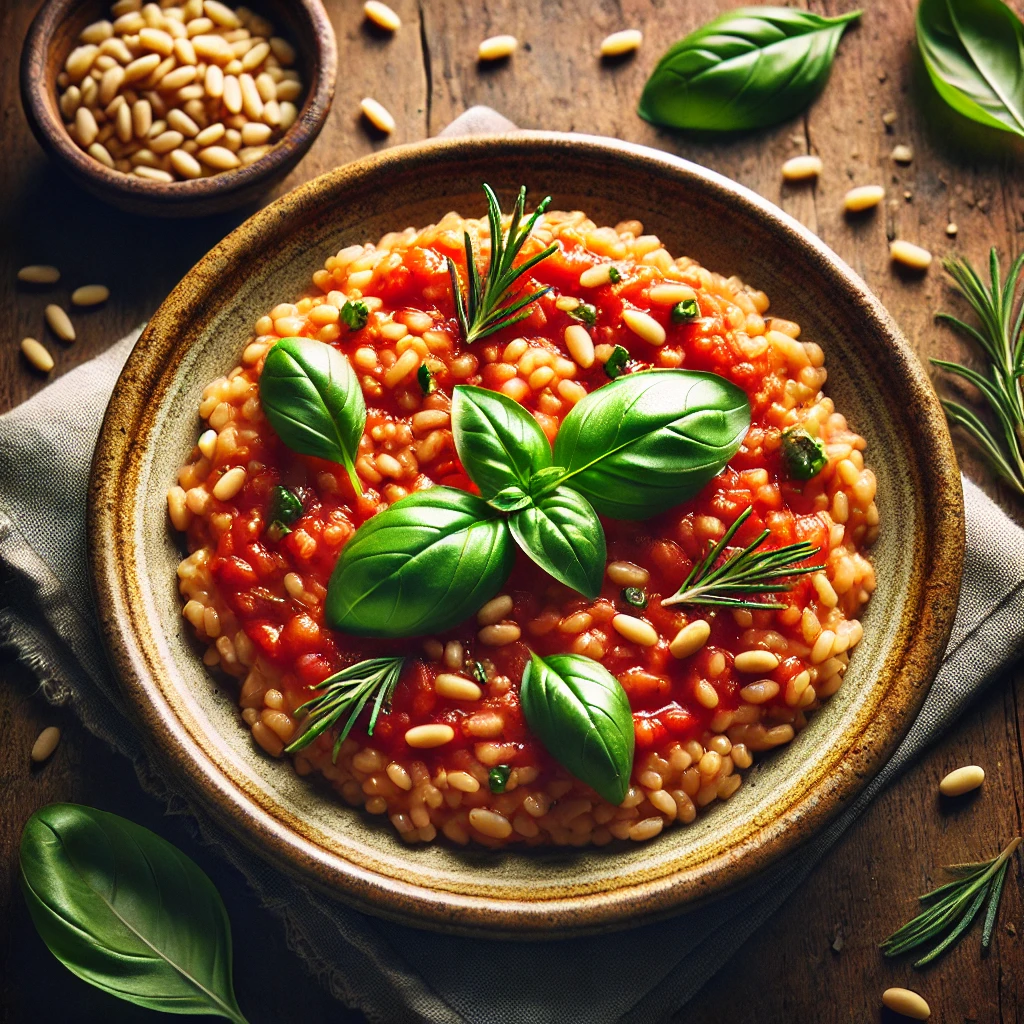 Tomatenrisotto met basilicum en pijnboompitten