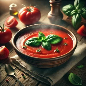 Tomatensoep met basilicum en olijfolie