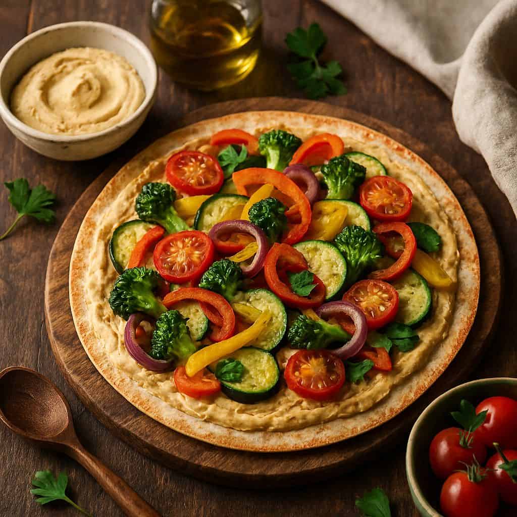 Tortilla pizza met hummus en groenten