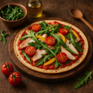 Tortilla pizza met kalkoen en rucola