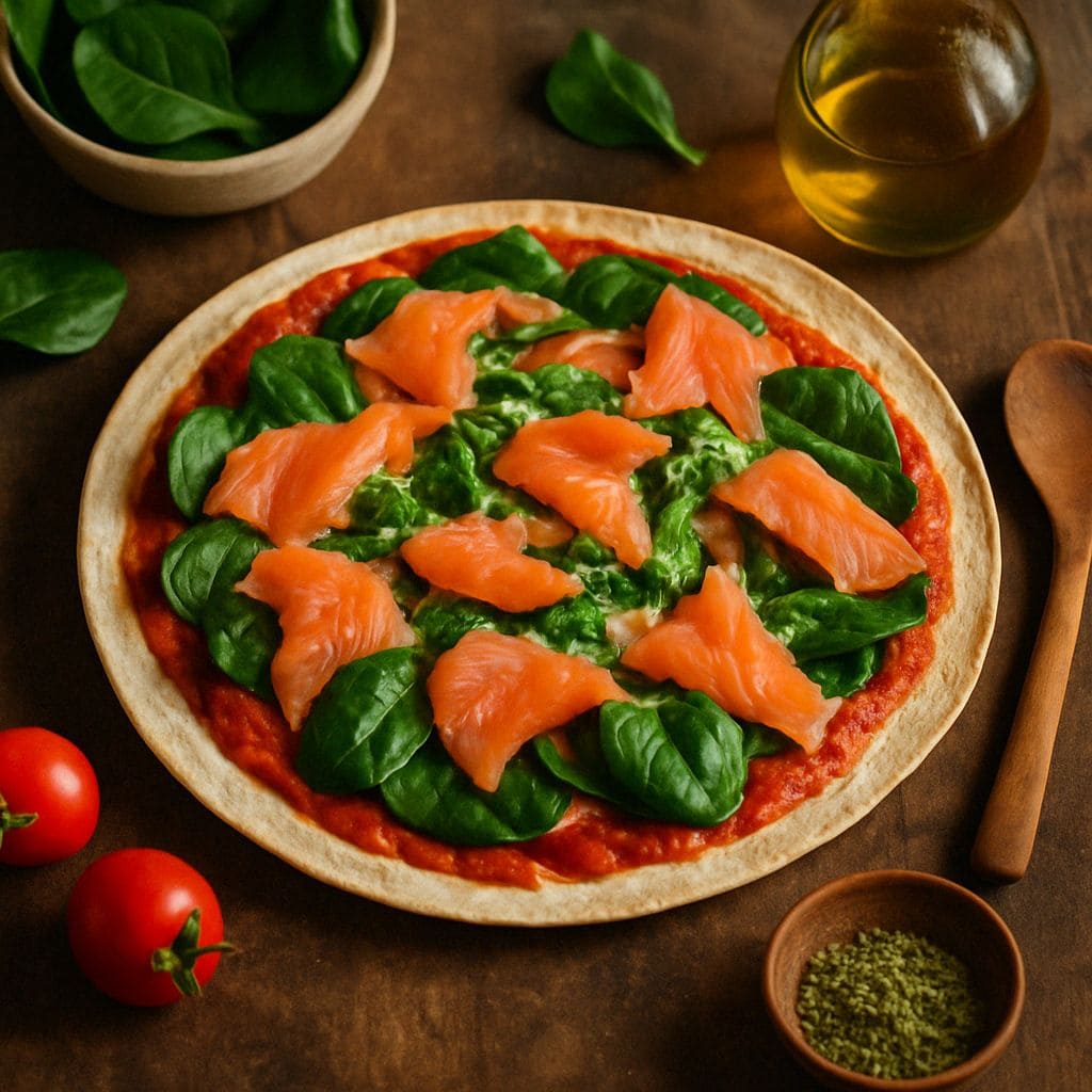 Tortilla pizza met zalm en spinazie
