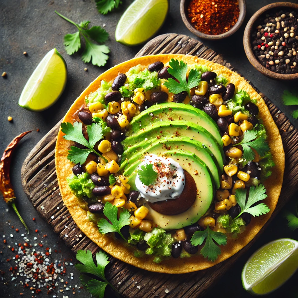 Tostada met Avocado, Zwarte Bonen en Mais