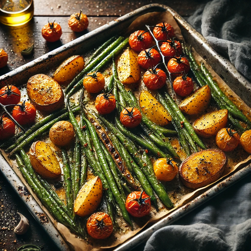 Traybake met aardappelen, sperziebonen en tomaten