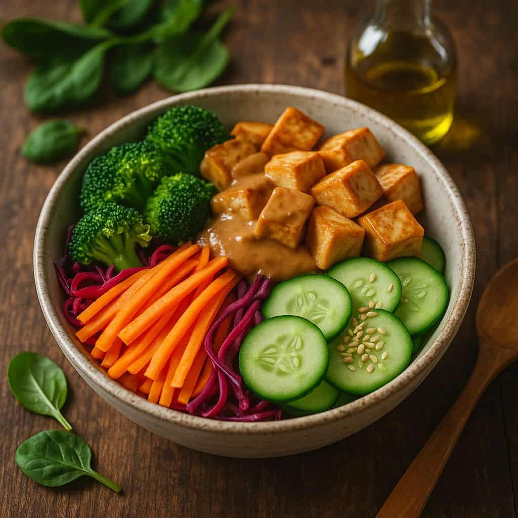 Vegan bowl met tofu en pindasaus