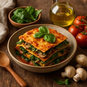 Vegan lasagne met spinazie en champignons