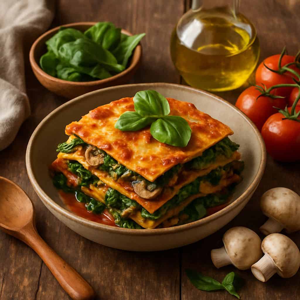 Vegan lasagne met spinazie en champignons