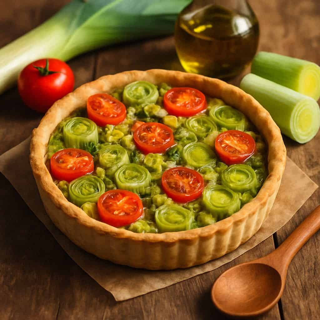 Vegan quiche met prei en tomaat