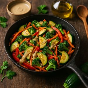 Vegan wok met courgette en tahinsaus