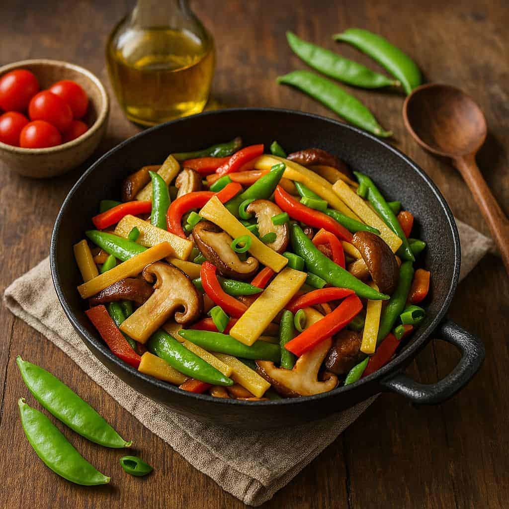 Vegan wok met shiitake en bamboescheuten