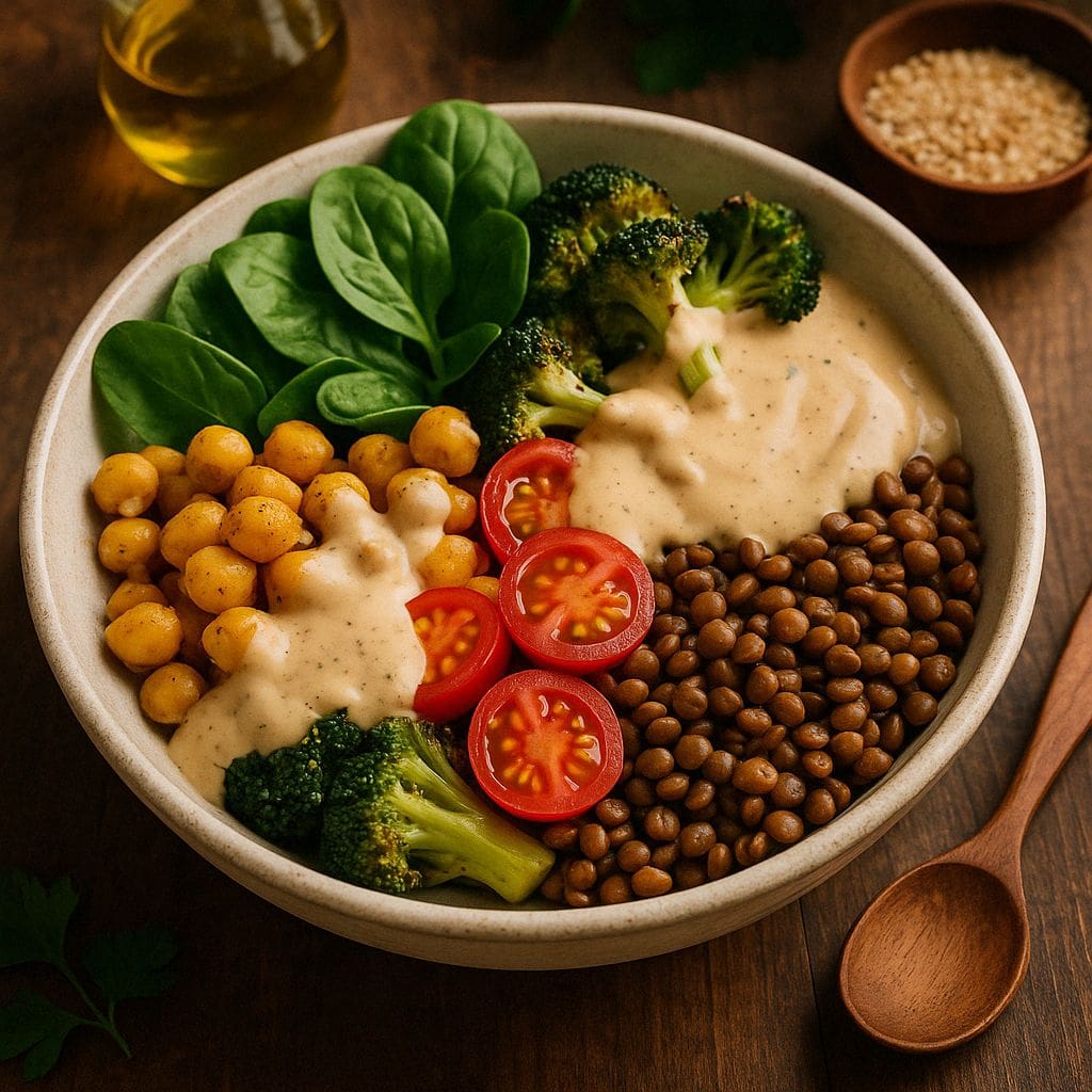 Veganistische bowl met tahin en linzen