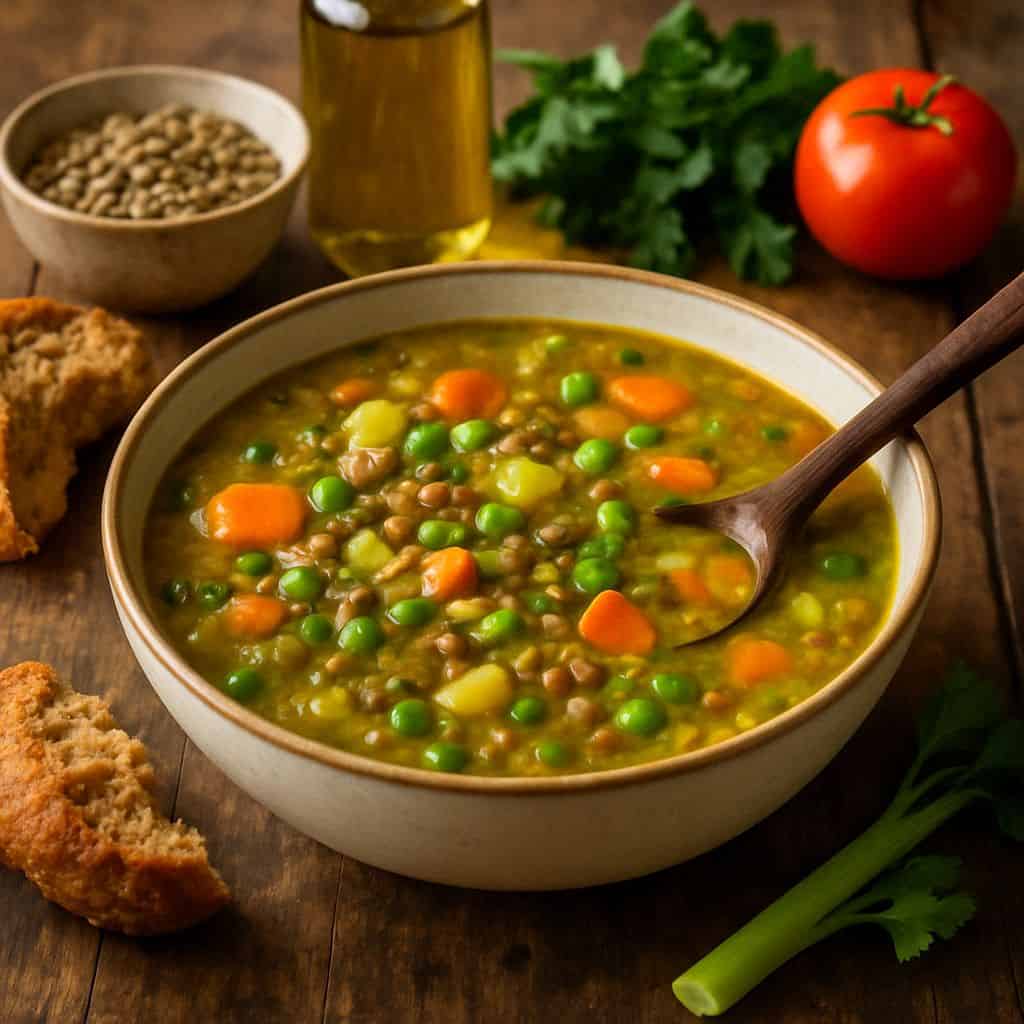 Vegetarische erwtensoep met linzen
