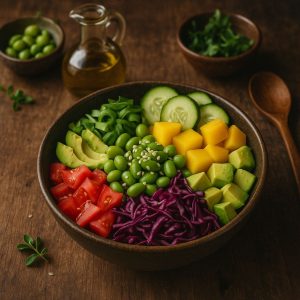 Vegetarische poké bowl met mango