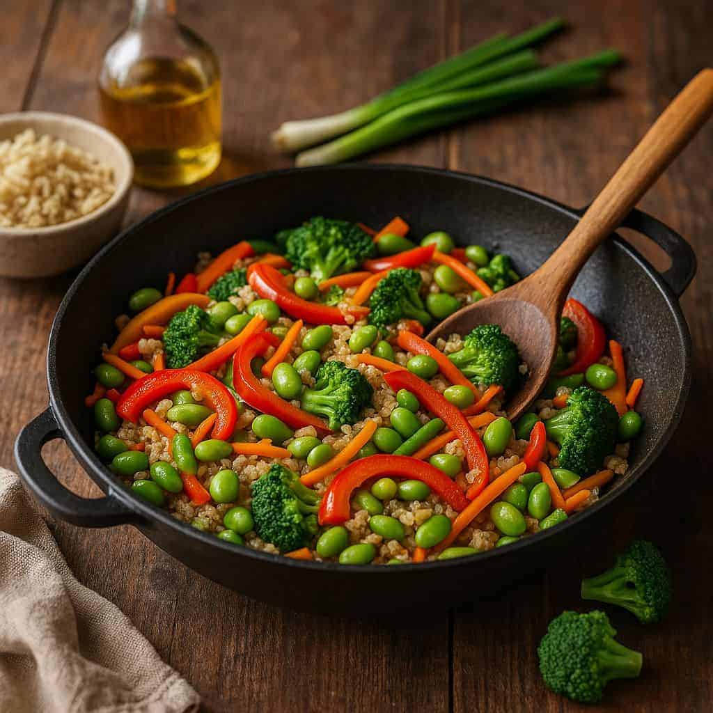 Vegetarische wok met quinoa en edamame