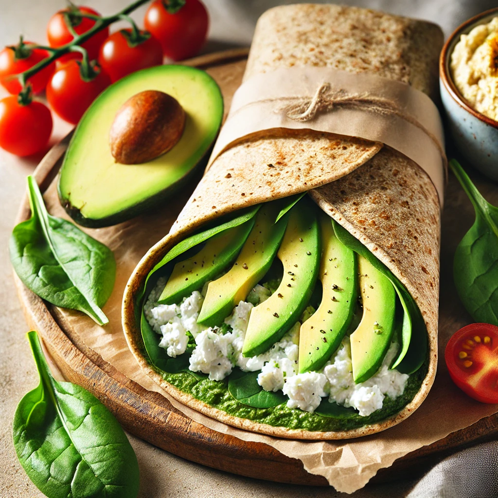 Volkoren Wrap met Avocado, Hüttenkäse en Spinazie