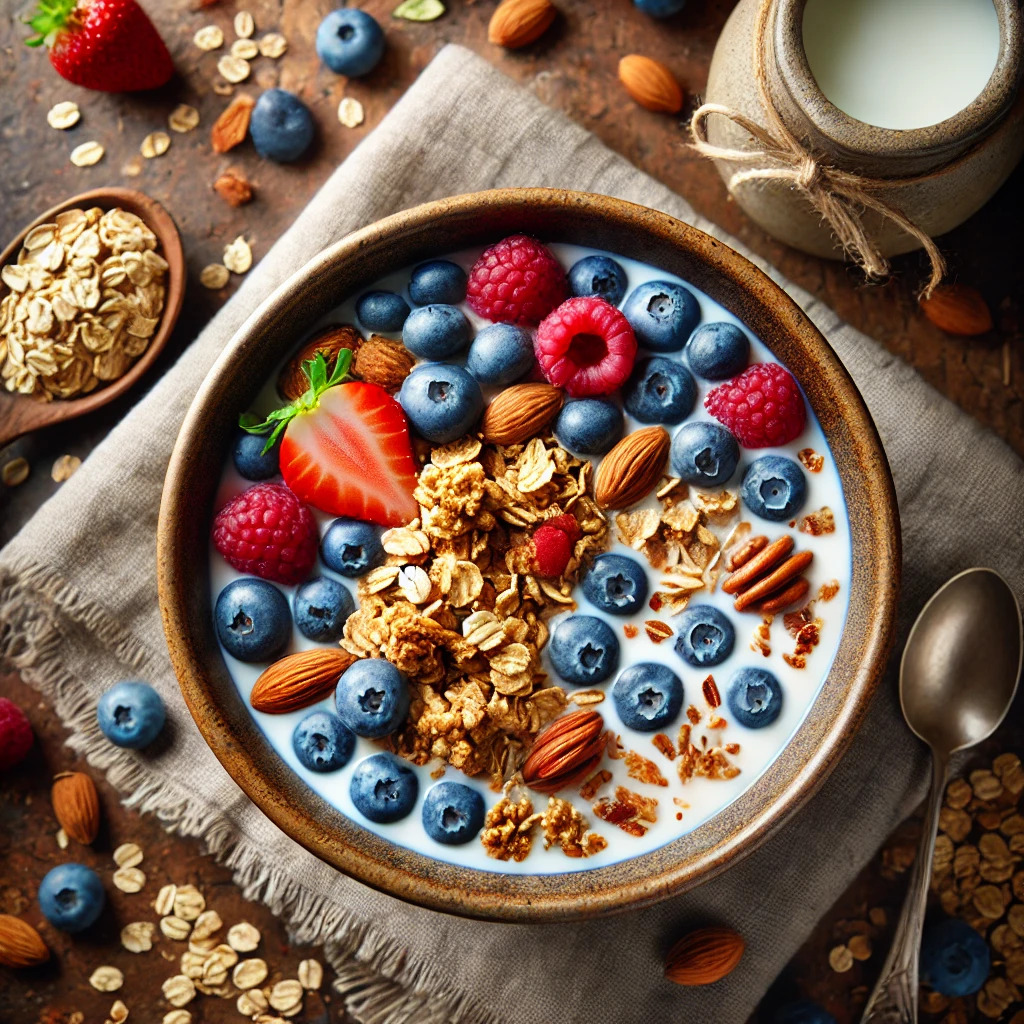 Volkoren granola met amandelmelk en bessen