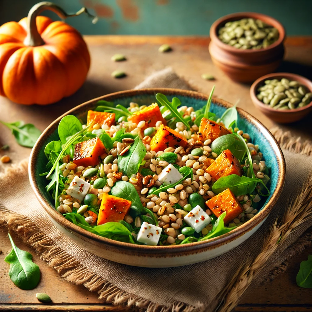Volkoren parelgortsalade met pompoen