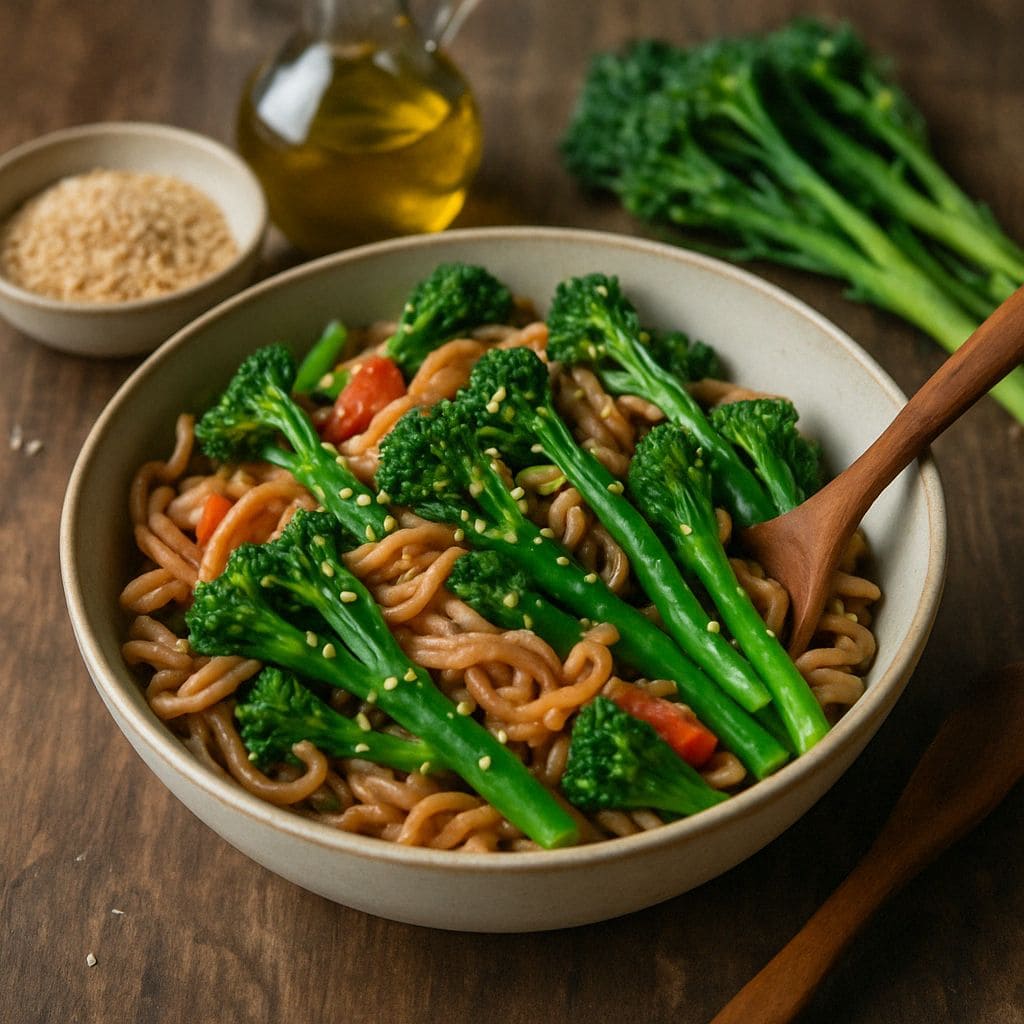 Volkoren pasta met bimi en sesam