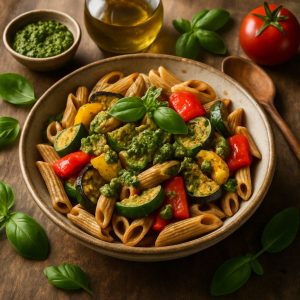 Volkoren pasta met gegrilde groenten en pesto