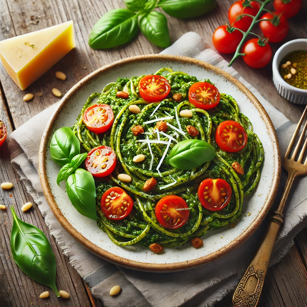 Volkoren pasta met spinaziepesto en cherrytomaten