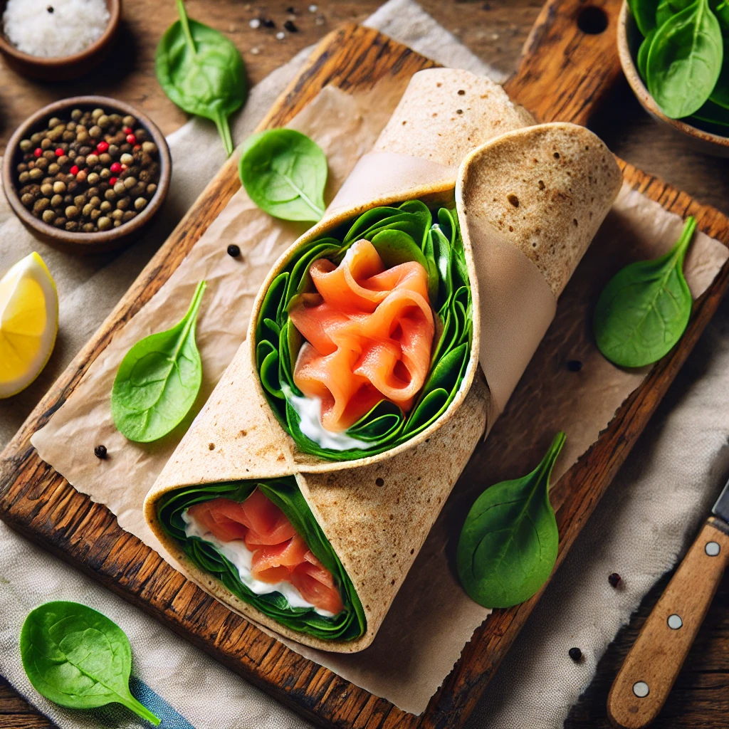 Volkoren wrap met gerookte zalm en spinazie