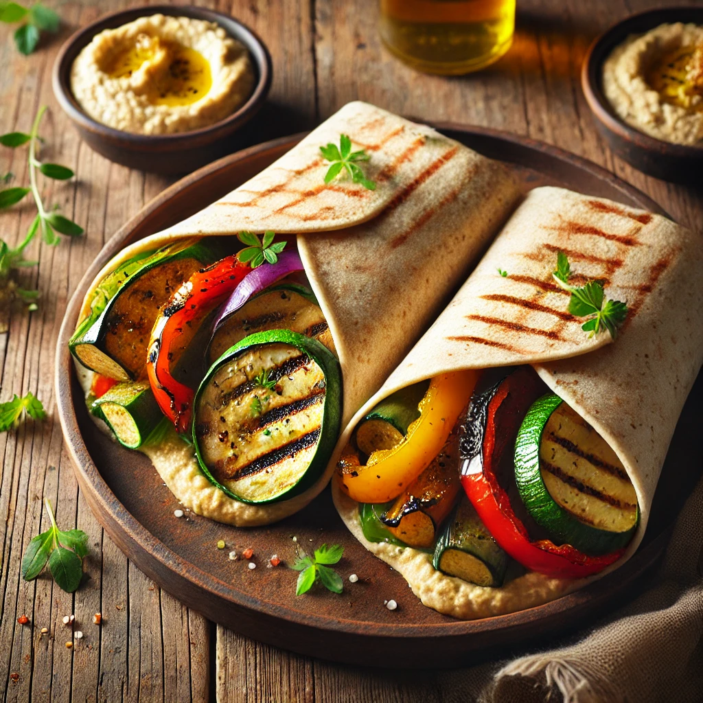 Volkoren wraps met hummus en gegrilde groente