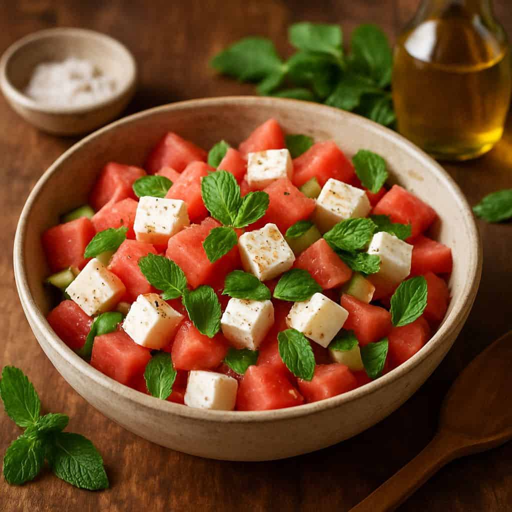 Watermeloen salade met feta en munt