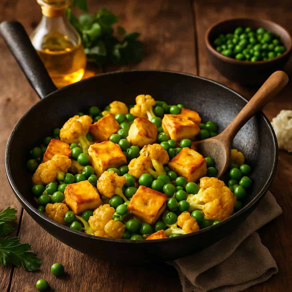 Wok met bloemkool, erwten en paneer