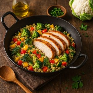 Wok met bloemkoolrijst en kalkoenfilet