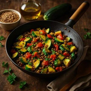 Wok met courgette en linzen