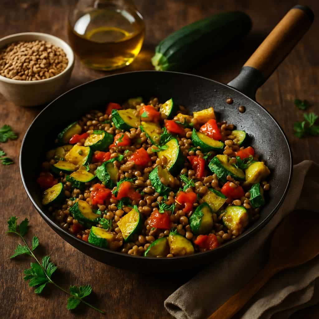 Wok met courgette en linzen