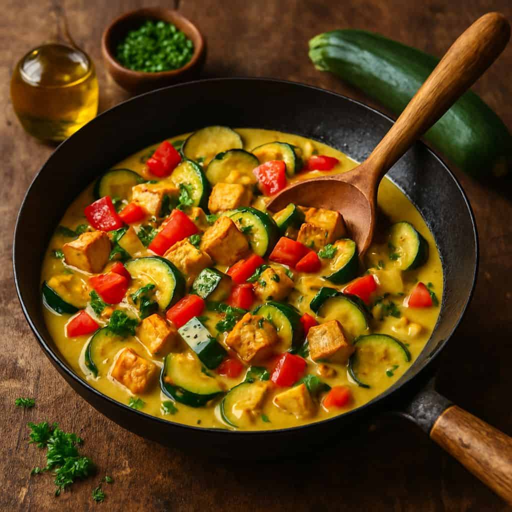 Wok met courgette, tofu en kokosmelk