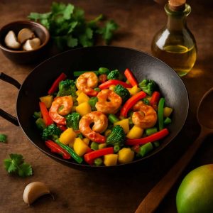 Wok met garnalen en mango