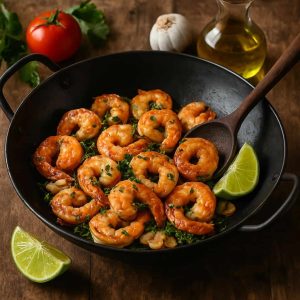 Wok met garnalen, knoflook en limoen