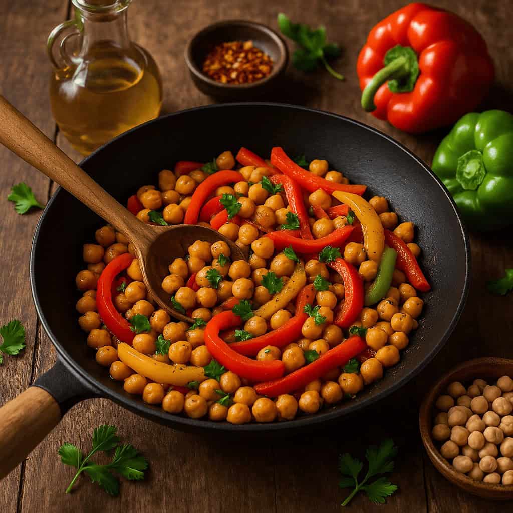 Wok met kikkererwten en paprika
