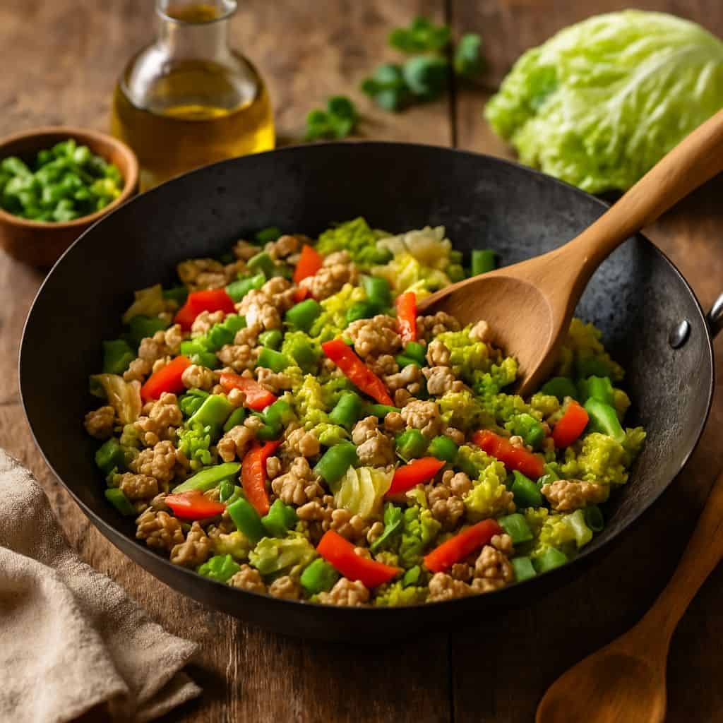 Wok met kipgehakt en Chinese kool