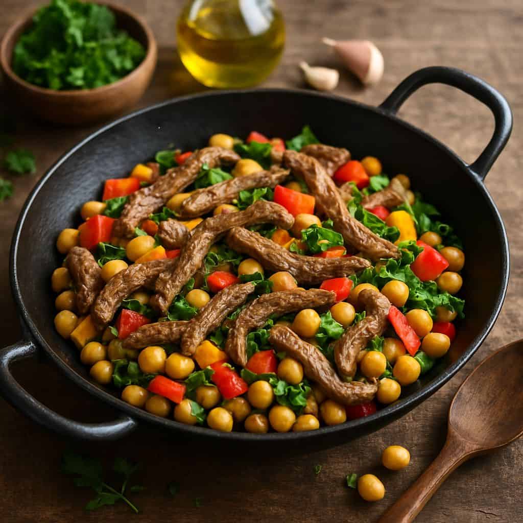 Wok met lamsreepjes en kikkererwten