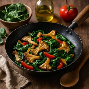 Wok met oesterzwammen en spinazie