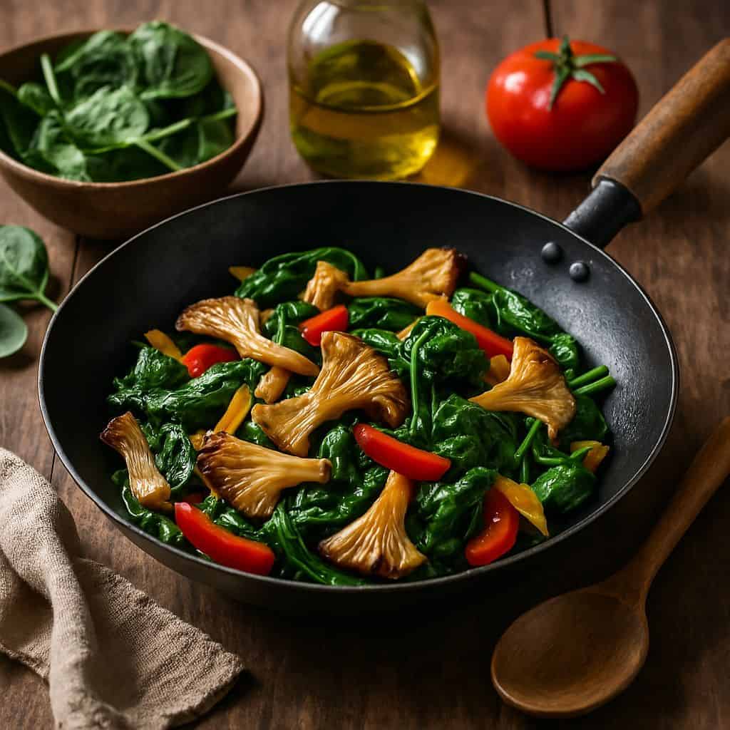 Wok met oesterzwammen en spinazie