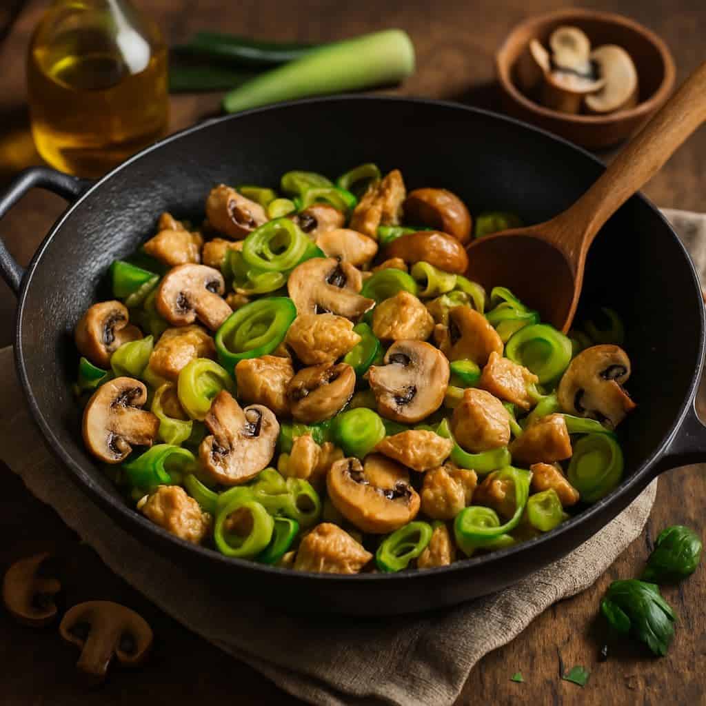 Wok met prei, champignons en kip