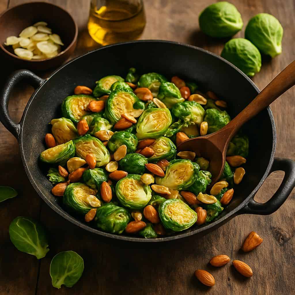 Wok met spruitjes, knoflook en amandel