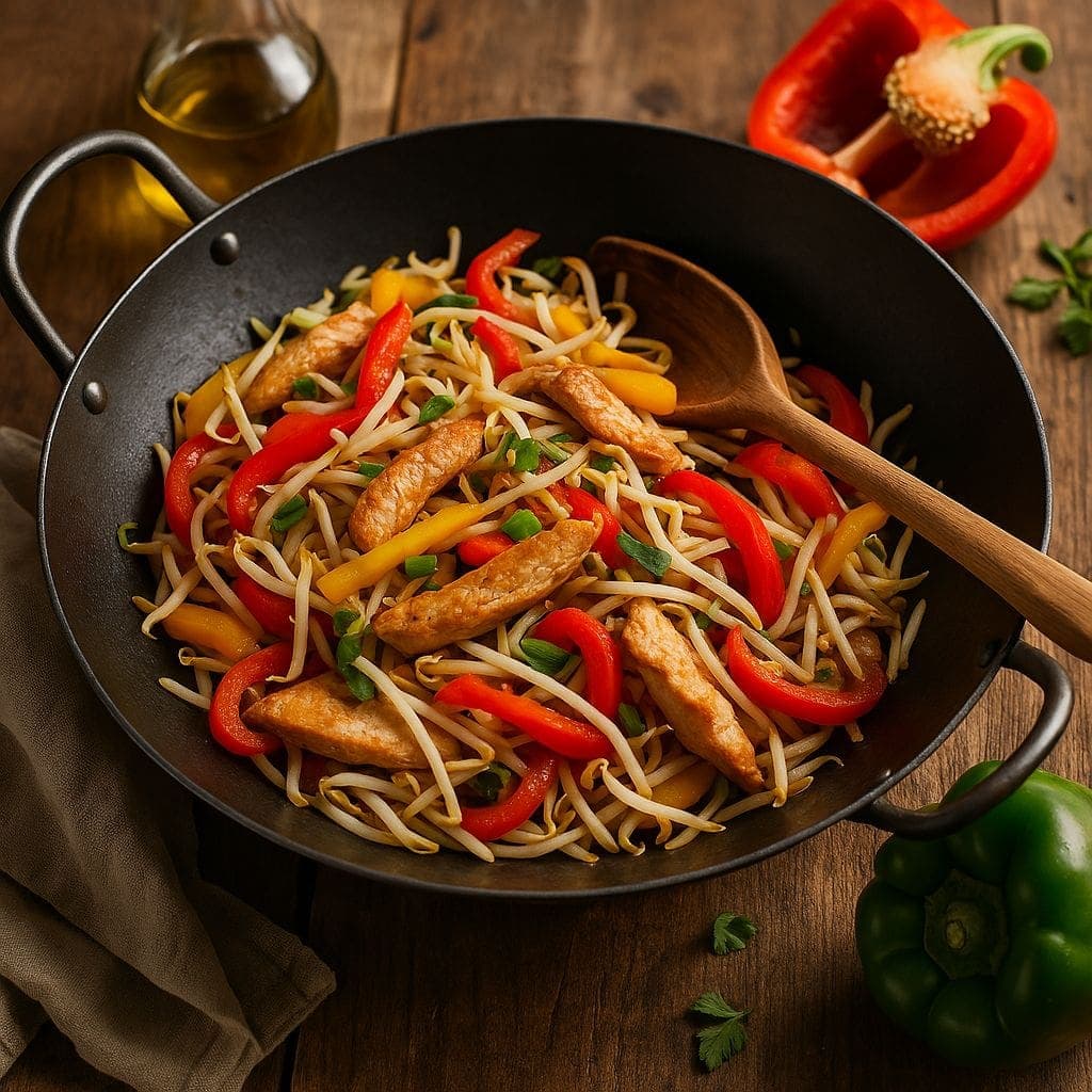 Wok met taugé, paprika en kalkoen