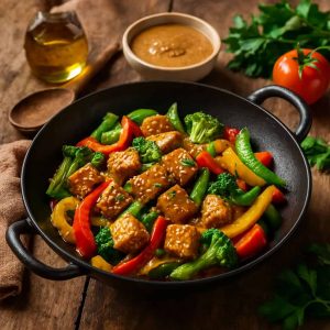 Wok met tempeh en pittige pindasaus