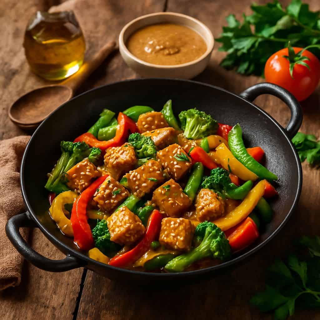 Wok met tempeh en pittige pindasaus