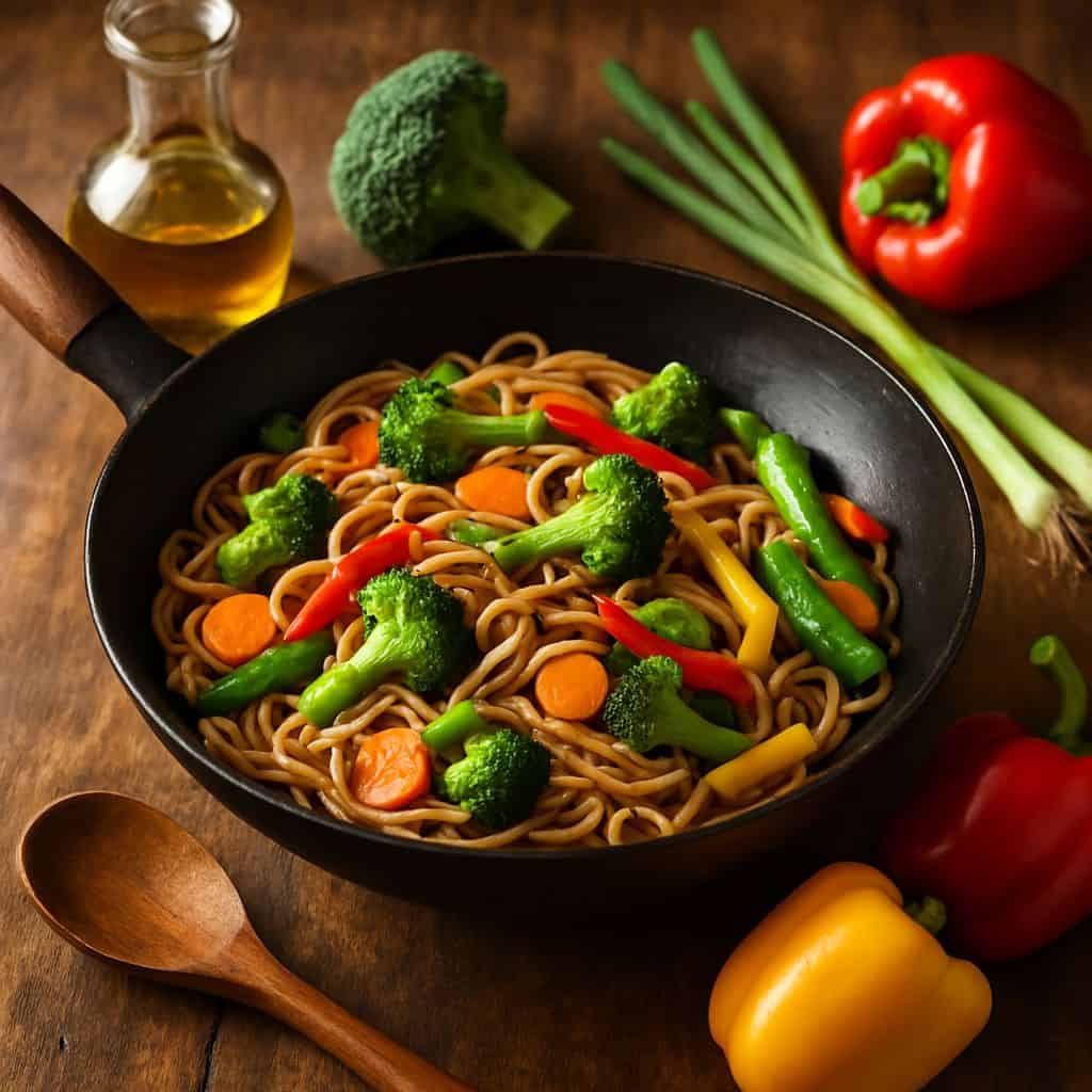 Wok met volkoren mie en seizoensgroenten