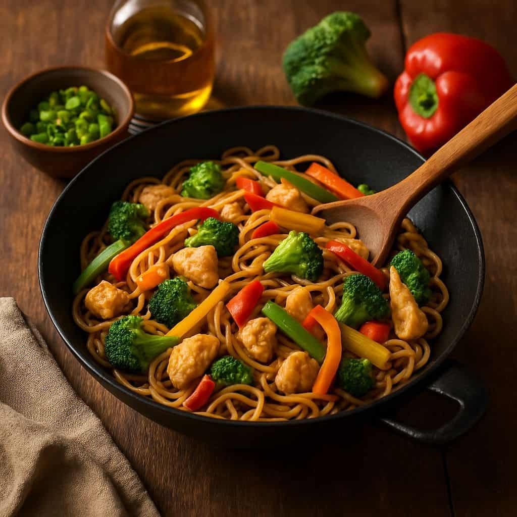 Wok met volkoren mie, kip en groenten