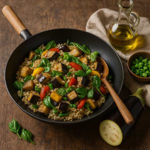 Wok met volkoren rijst en aubergine