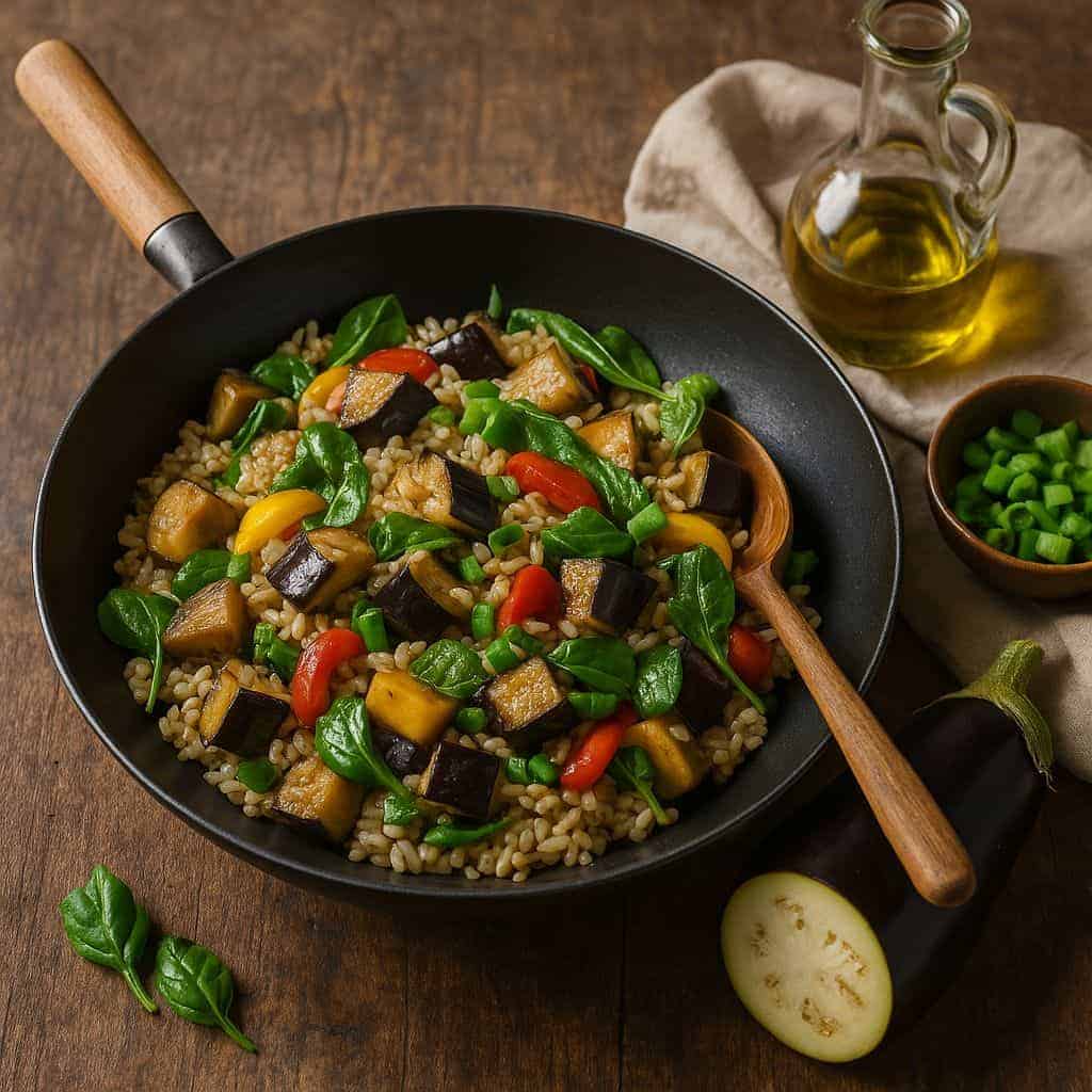 Wok met volkoren rijst en aubergine