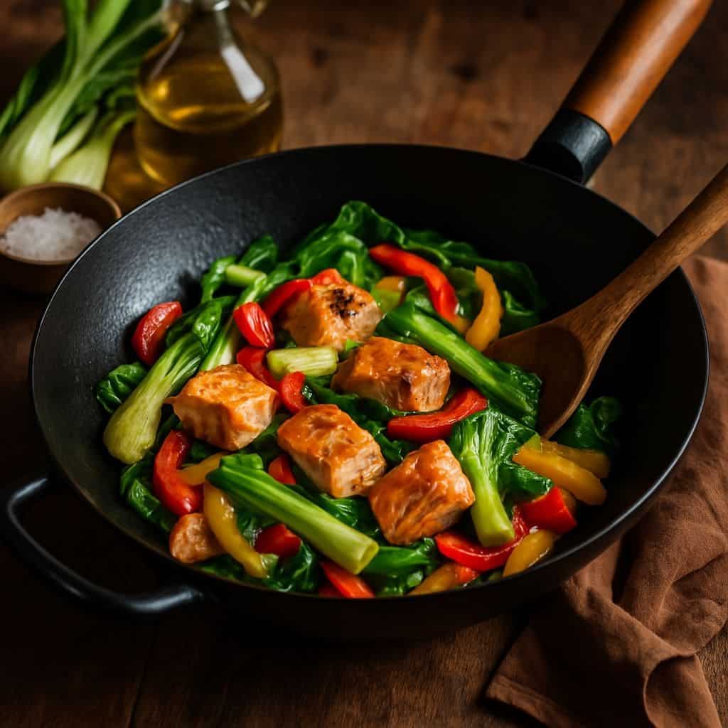 Wok met zalm en paksoi